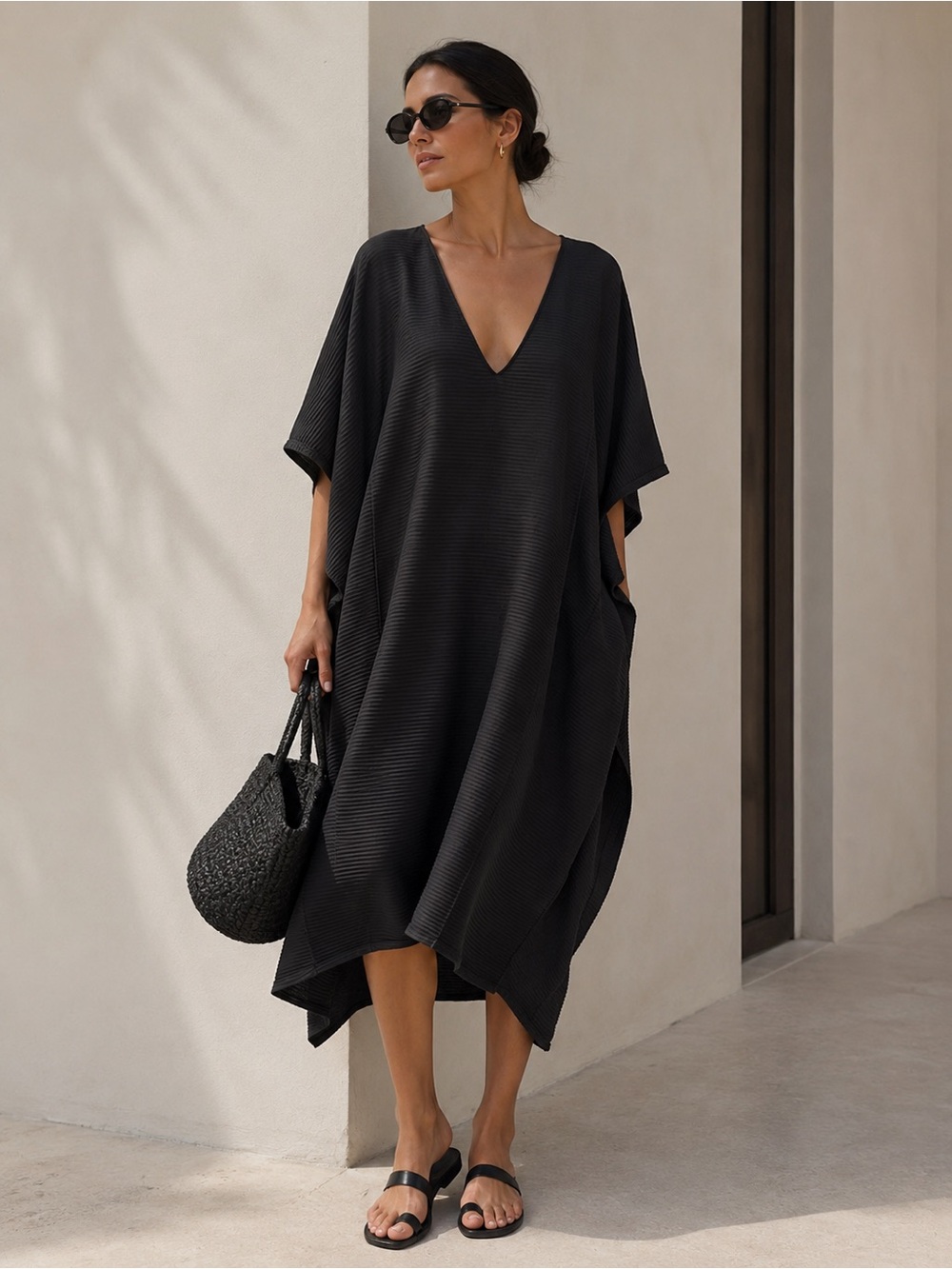 OKAKIE Black Kaftan Midi Dress Deep V Neck Womens M Minimalist Chic Sustainable